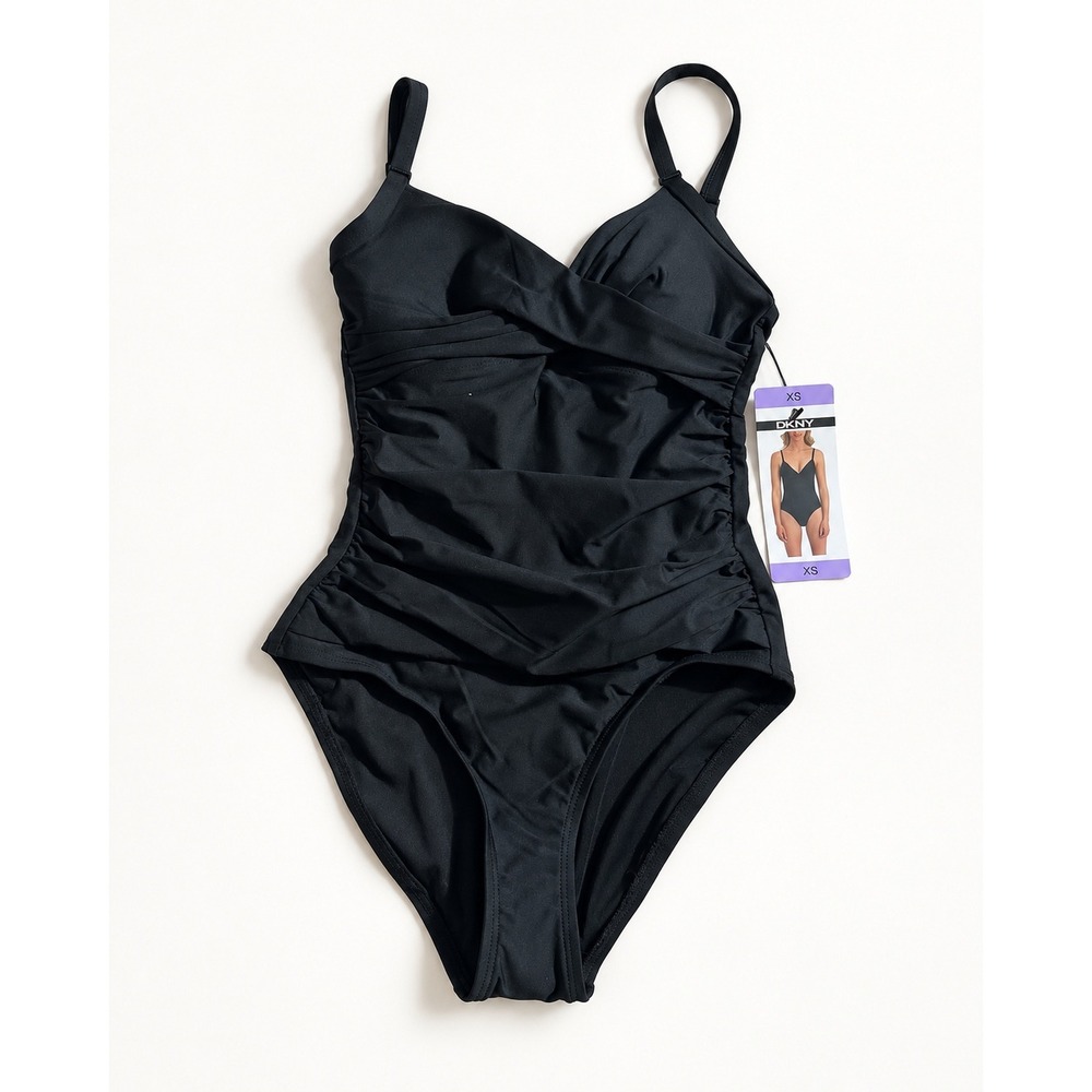 DKNY Womens Black Ruched One Piece Swimsuit Surplice Wrap Crossover 1943727 XS